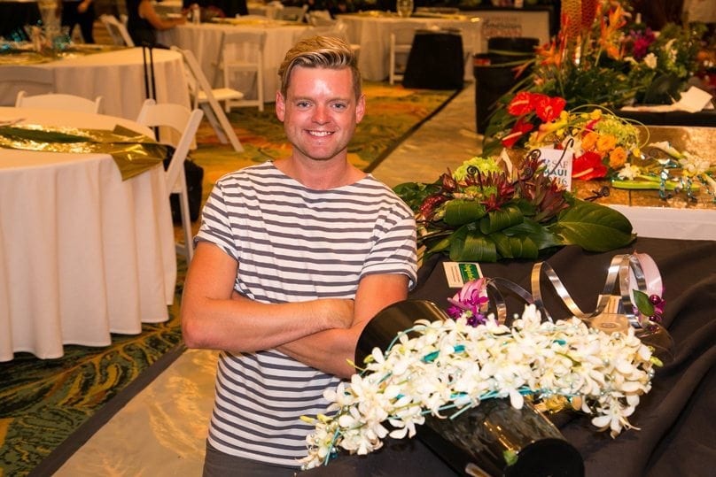 Derek Woodruff, AIFD, PFCI, CF, owner of Floral Underground in Traverse City, Michigan, won the grand prize. He also placed first in “Blue Suede Shoes” and “Hawaiian Wedding Song,” and third in “Crying in the Chapel.”