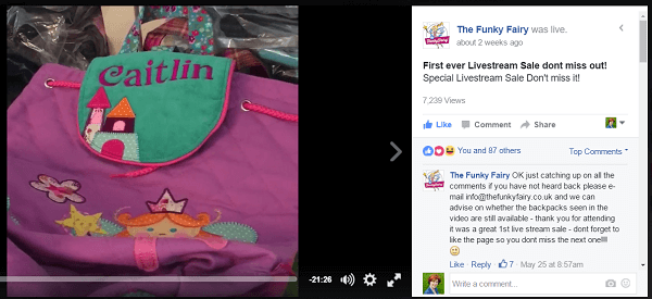 Vicki Stewart of the Funky Fairy in the United Kingdom used Facebook Live to host a series of three, 20-minute flash sales on inventory she wanted to clear out.