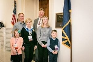 Terry Lyons and SAF Chairperson Shirley Lyons, AAF, PFCI, of Dandelions Flowers & Gifts in Eugene, Oregon, brought their grandchildren Bethany and Ben Anderson to CAD 2016. They are shown here with SAF President Martin Meskers, AAF, of Oregon Flowers, Inc., in Aurora, Oregon, while visiting an aide in the office of Rep. Peter DeFazio (D-Oregon).