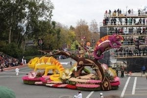 California Polytechnic Universities’ float, themed “A New Leaf,” won the Founders’ award, which recognizes the “most beautiful float built and decorated by volunteers from a community or organization.” Sun Valley Floral Farms donated 16,000 green ball dianthus, 500 irises, 500 lilies and 300 tulips to the float.