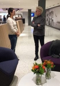 Spokesperson Kelli Ellis gets in her final messages in the last few minutes of her meeting with an editor from Real Simple magazine.