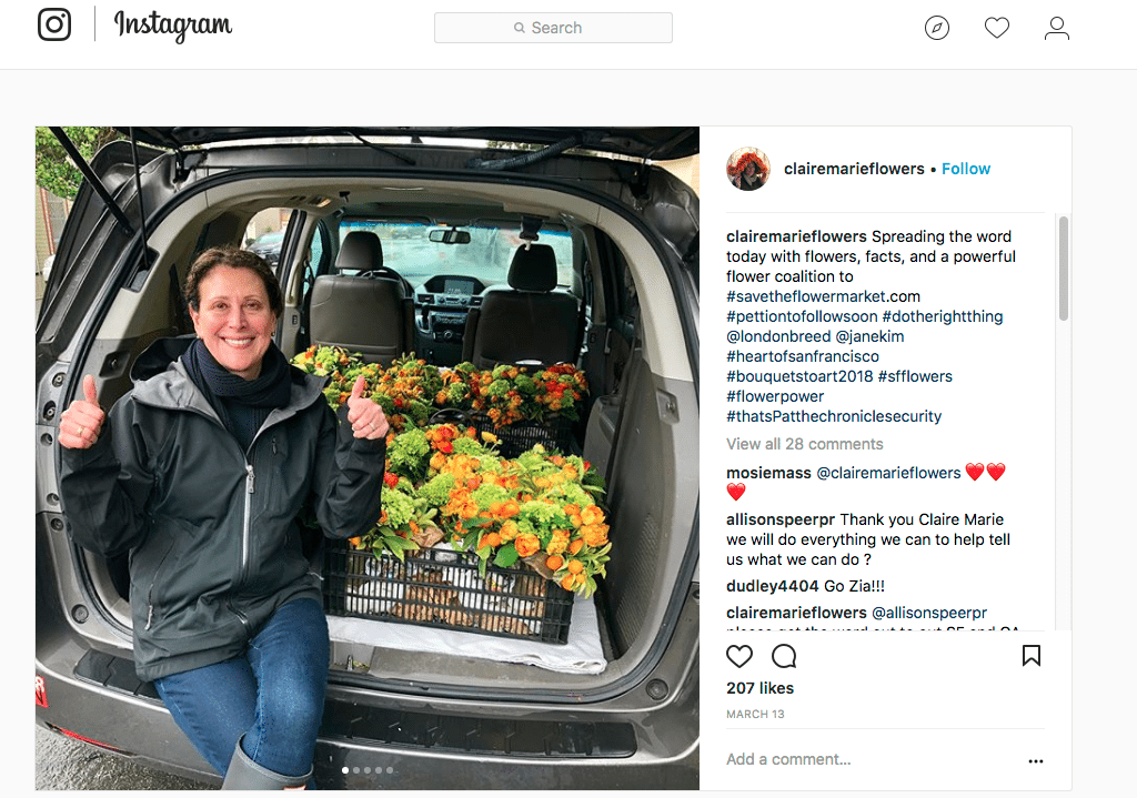 “This can all feel a bit like a game of chess — there are a lot of moving pieces,” said Claire Marie Johnston of Flowers Claire Marie and one of the organizers behind the Save the Flower Market campaign. At press time, the group’s petition at Change.org had attracted more than 76,700 signatures. Johnston hand delivered bouquets to local lawmakers as part of the campaign.