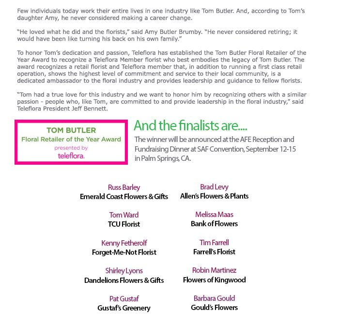 Teleflora Announces Finalists for 2018 Tom BUTLER Floral Retailer of the Year Award