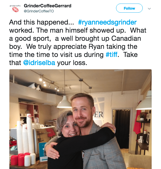 Grinder coffee attracts Ryan Gosling Persistent tweets, chalk full of heart and a sense of humor, helped Grinder Coffee attract Ryan Gosling and earn major social media attention.