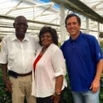 Pat and Allen Houck of House of Blooms in Sugar Land, Texas, with Mike Mooney of Dramm & Echter in Encinitas, California. The retailers toured the grower’s operation after making a connection at SAF Palm Springs 2018.