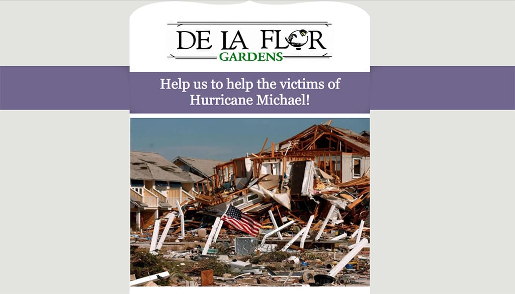 As she did last year after hurricanes Harvey and Irma, Deborah De La Flor, AIFD, PFCI, of De La Flor Gardens in Cooper City, Florida, is coordinating an effort to deliver nonperishable food, bottled water, toiletries and other needed supplies to victims of the storm