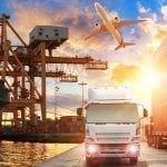 Logistics and transportation of Container Cargo ship and Cargo plane with working crane bridge in shipyard at sunrise, logistic import export and transport industry background