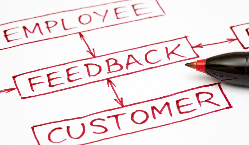 Feedback flow chart concept written with red pen on paper.