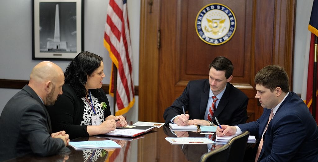 Jodi McShan, AAF, of McShan Florist in Dallas, Texas, and Charles Ingrum of Dr. Delphinium Designs in Dallas, meet with lawmakers in the office of Sen. Ted Cruz (R-Texas) during CAD. Such visits have laid the ground for productive follow-up in the month since the event.